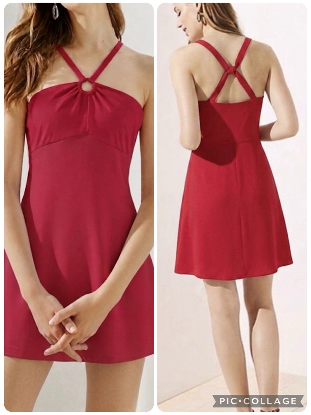 Loft Red Halter Crisscross Back Empire Waist Knit Mini Dress 4 Sundress Y2K
